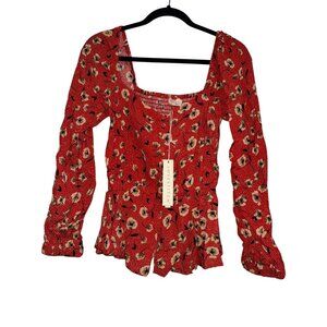 Lovestitch Women's Red Floral Long Sleeve Blouse L With Square Neckline & Peplum